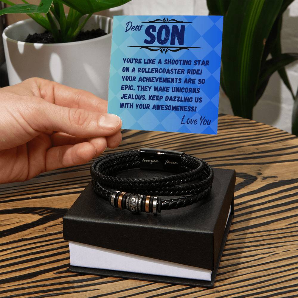 Birthday Gift To My Son, Black Vegan Bracelet With A Message Card In A Gift Box, Unique Gifts Ideas For Boys/Guys/Mens From Mom/Dad/Parents, Cool Present For Him - Zahlia