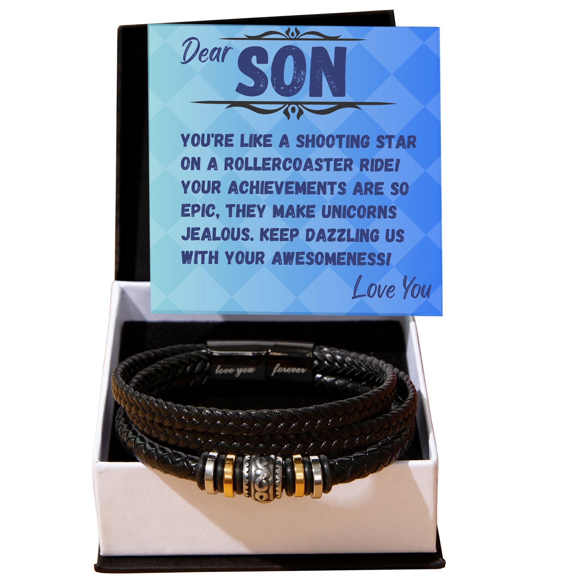 Birthday Gift To My Son, Black Vegan Bracelet With A Message Card In A Gift Box, Unique Gifts Ideas For Boys/Guys/Mens From Mom/Dad/Parents, Cool Present For Him - Zahlia