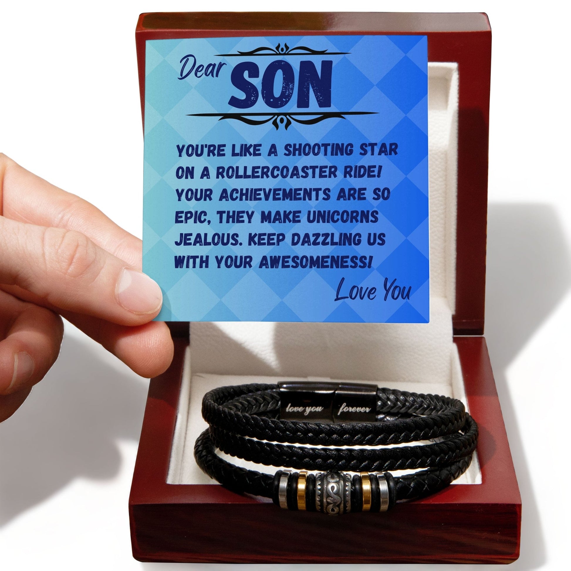 Birthday Gift To My Son, Black Vegan Bracelet With A Message Card In A Gift Box, Unique Gifts Ideas For Boys/Guys/Mens From Mom/Dad/Parents, Cool Present For Him - Zahlia