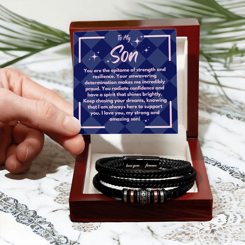 Birthday Gift To My Son, Black Vegan Bracelet With A Message Card In A Gift Box, Unique Gifts Ideas For Boys/Guys/Mens From Mom/Dad/Parents, Cool Present For Him - Zahlia