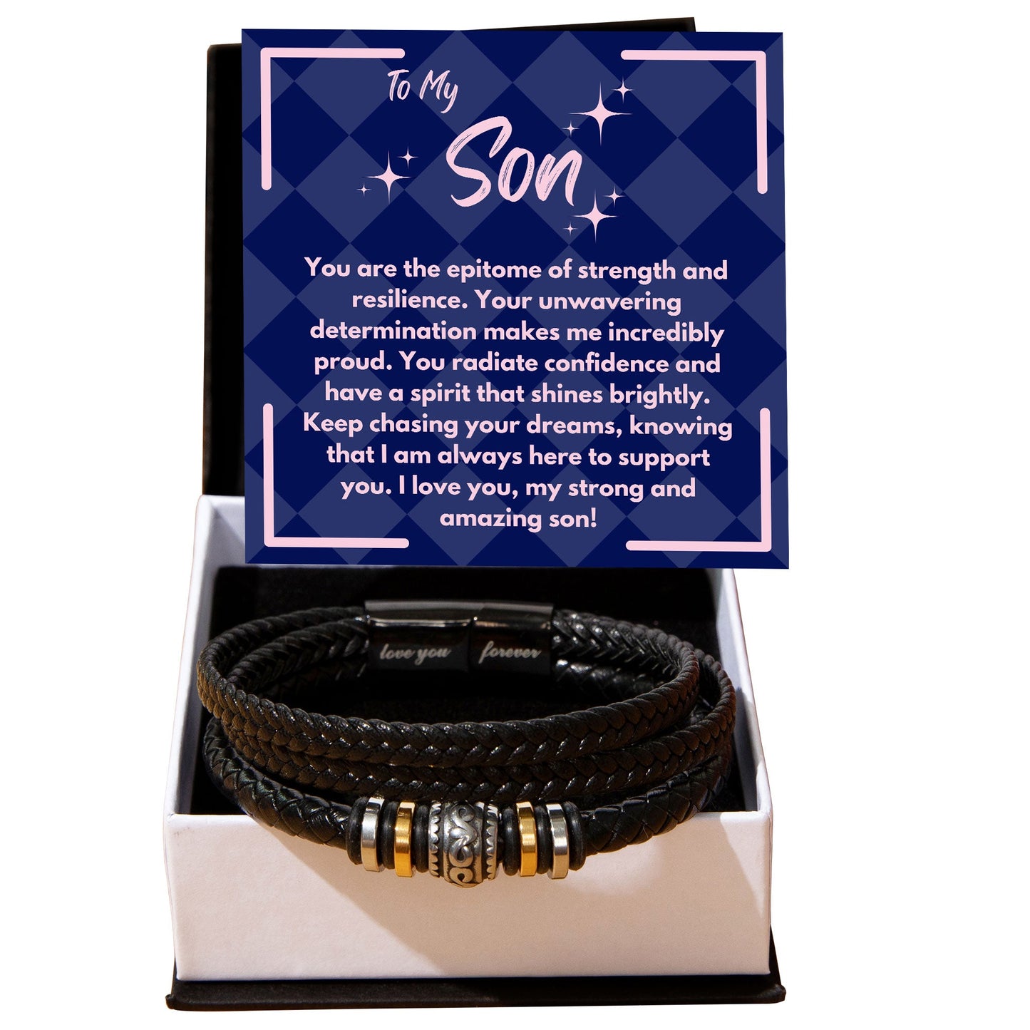 Birthday Gift To My Son, Black Vegan Bracelet With A Message Card In A Gift Box, Unique Gifts Ideas For Boys/Guys/Mens From Mom/Dad/Parents, Cool Present For Him - Zahlia