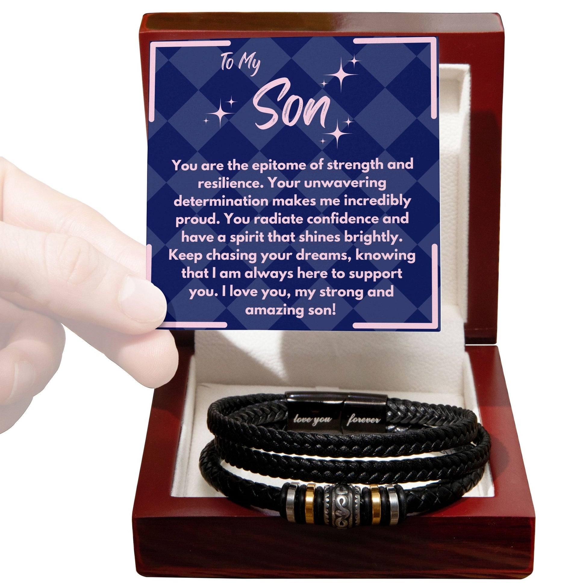 Birthday Gift To My Son, Black Vegan Bracelet With A Message Card In A Gift Box, Unique Gifts Ideas For Boys/Guys/Mens From Mom/Dad/Parents, Cool Present For Him - Zahlia