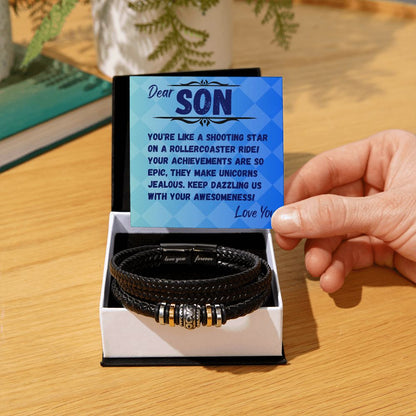 Birthday Gift To My Son, Black Vegan Bracelet With A Message Card In A Gift Box, Unique Gifts Ideas For Boys/Guys/Mens From Mom/Dad/Parents, Cool Present For Him - Zahlia