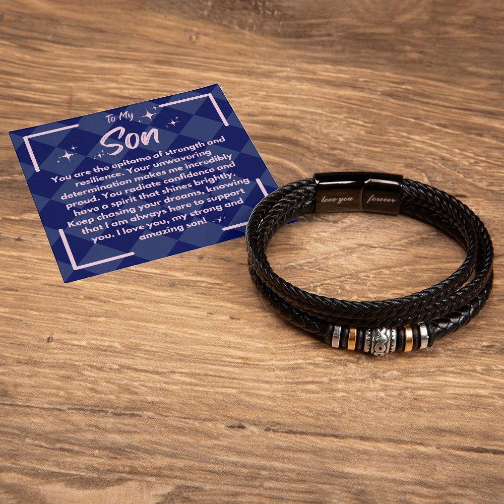 Birthday Gift To My Son, Black Vegan Bracelet With A Message Card In A Gift Box, Unique Gifts Ideas For Boys/Guys/Mens From Mom/Dad/Parents, Cool Present For Him - Zahlia