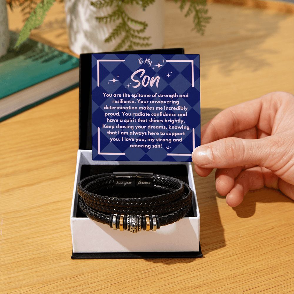 Birthday Gift To My Son, Black Vegan Bracelet With A Message Card In A Gift Box, Unique Gifts Ideas For Boys/Guys/Mens From Mom/Dad/Parents, Cool Present For Him - Zahlia