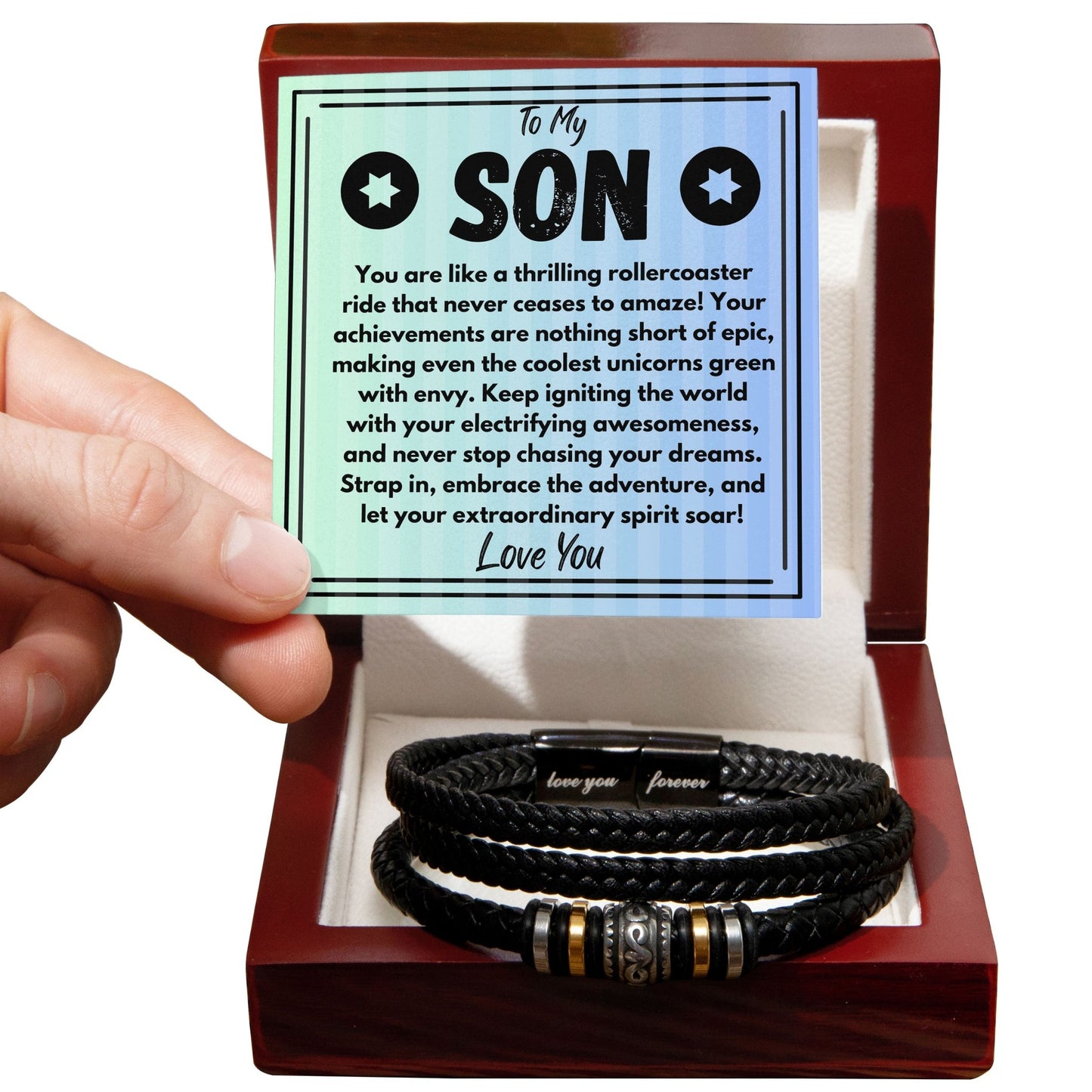 Birthday Gift To My Son, Black Vegan Leather Bracelet With A Message Card In A Gift Box, Unique Gifts Ideas For Boys/Guys/Mens From Mom/Dad/Parents, Cool Present For Him - Zahlia