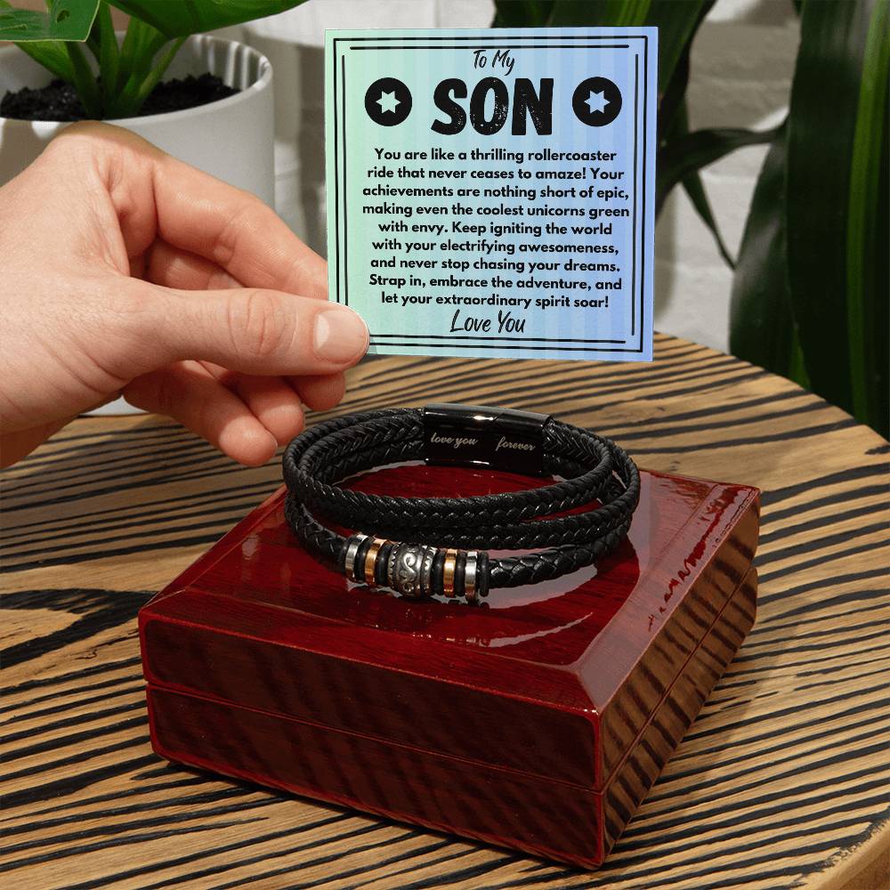 Birthday Gift To My Son, Black Vegan Leather Bracelet With A Message Card In A Gift Box, Unique Gifts Ideas For Boys/Guys/Mens From Mom/Dad/Parents, Cool Present For Him - Zahlia