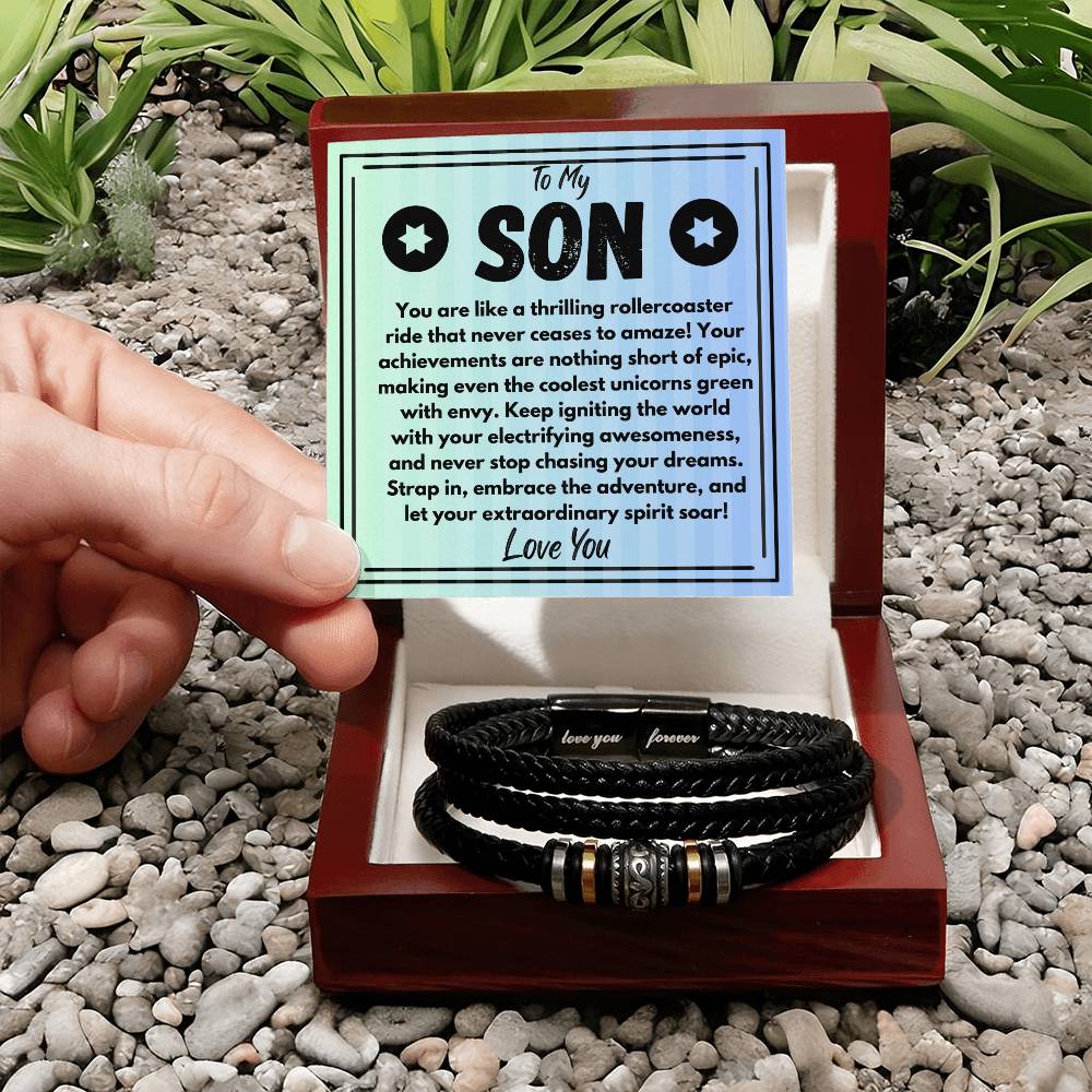 Birthday Gift To My Son, Black Vegan Leather Bracelet With A Message Card In A Gift Box, Unique Gifts Ideas For Boys/Guys/Mens From Mom/Dad/Parents, Cool Present For Him - Zahlia