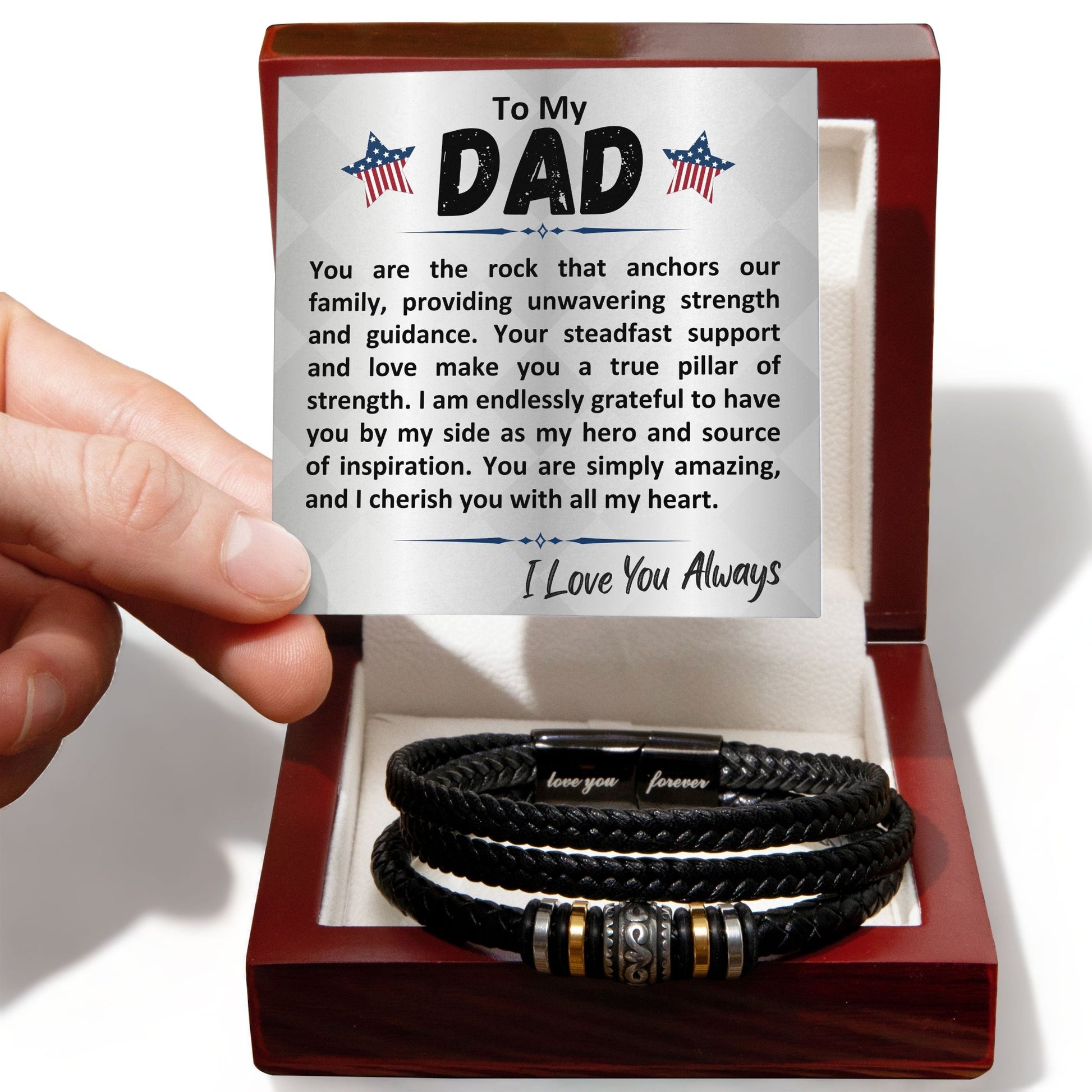 Birthday Gift To The Best Dad/Father In The World, Black Vegan Leather Bracelet With A Message Card In A Gift Box, Cool Mens Jewelry Band For Bday, Present From Children - Zahlia