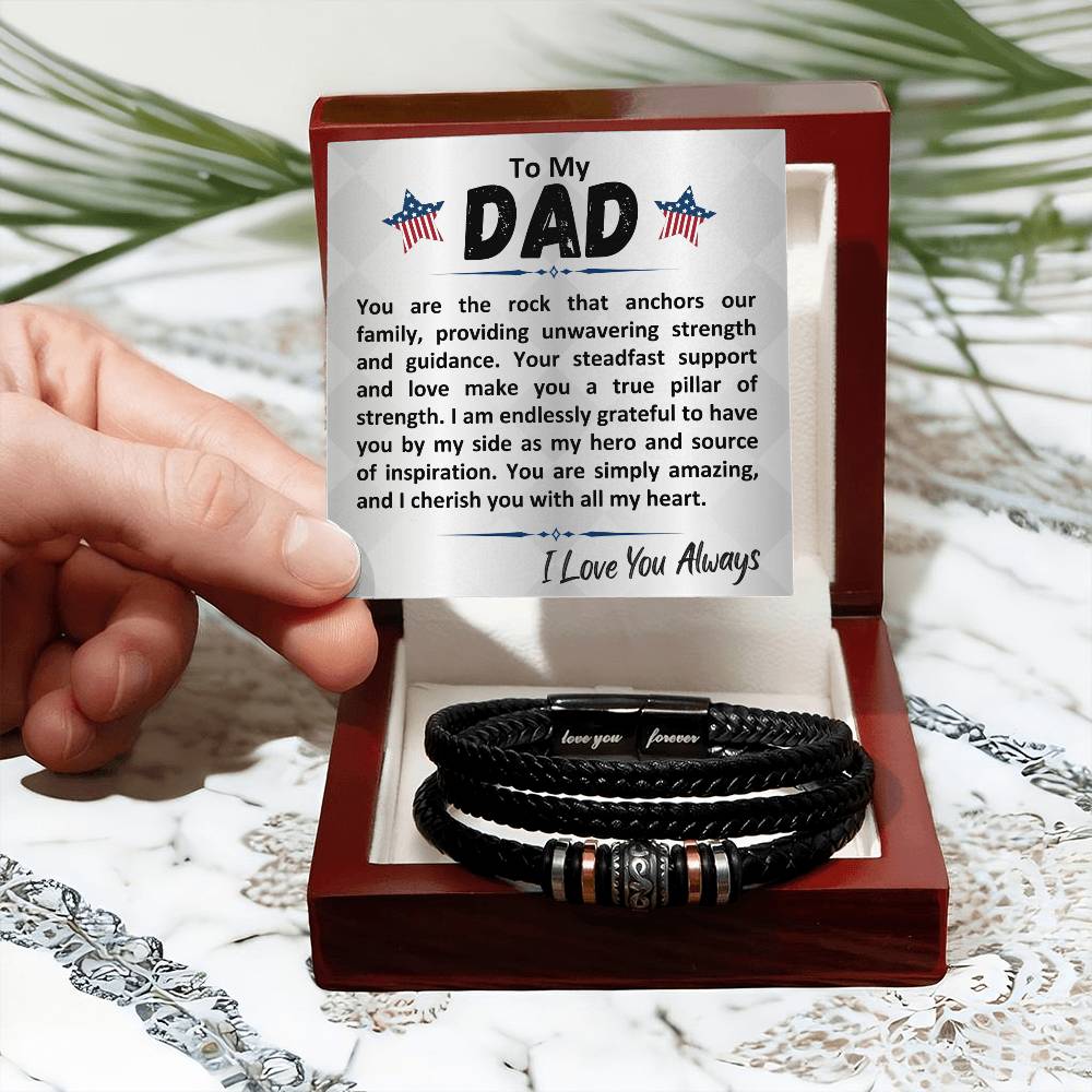 Birthday Gift To The Best Dad/Father In The World, Black Vegan Leather Bracelet With A Message Card In A Gift Box, Cool Mens Jewelry Band For Bday, Present From Children - Zahlia