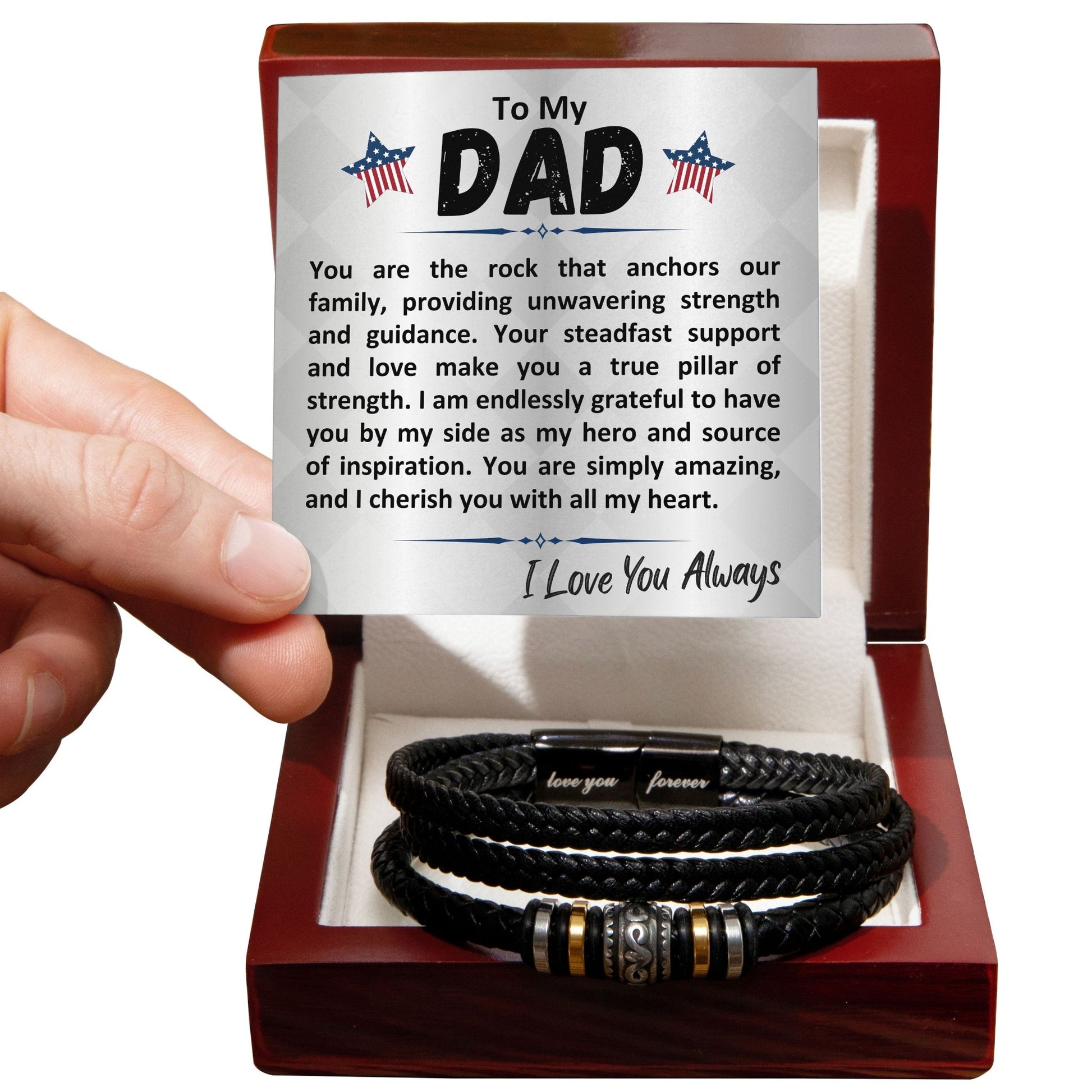 Birthday Gift To The Best Dad/Father In The World, Black Vegan Leather Bracelet With A Message Card In A Gift Box, Cool Mens Jewelry Band For Bday, Present From Children - Zahlia