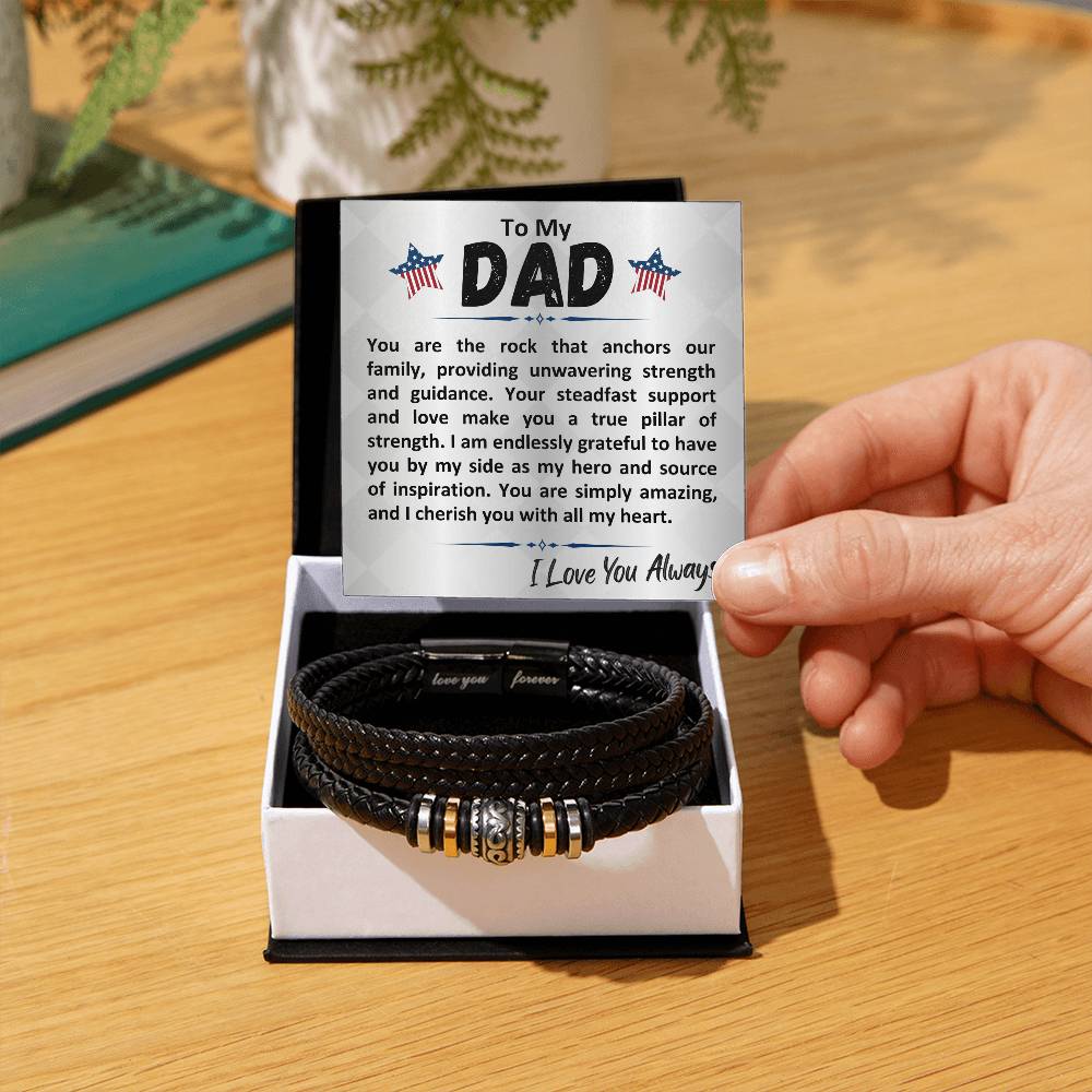 Birthday Gift To The Best Dad/Father In The World, Black Vegan Leather Bracelet With A Message Card In A Gift Box, Cool Mens Jewelry Band For Bday, Present From Children - Zahlia