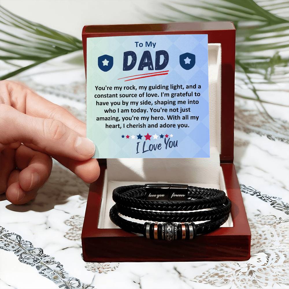 Gift To The Best Dad/Father In The World, Vegan Leather Bracelet With A Message Card In A Gift Box, Cool Mens Jewelry Band For Birthday, Present From Daughter/Son/Children - Zahlia