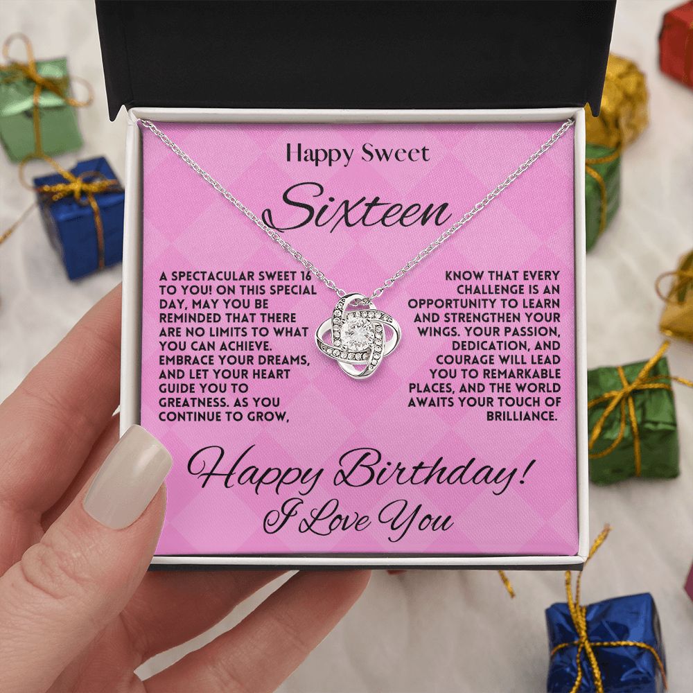 Sweet 16 Birthday Gift Jewelry Necklace For My Daughter - 16th Happy Bday Love Knot Pendant From Mom & Dad - Gift Ideas For A Sixteen Years Old Girl, Message Card And Gift Box - Zahlia