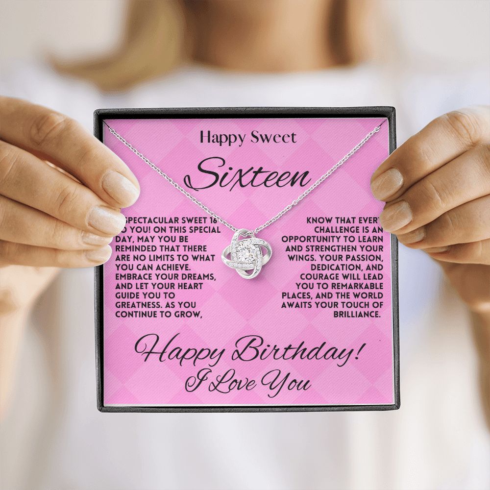 Sweet 16 Birthday Gift Jewelry Necklace For My Daughter - 16th Happy Bday Love Knot Pendant From Mom & Dad - Gift Ideas For A Sixteen Years Old Girl, Message Card And Gift Box - Zahlia