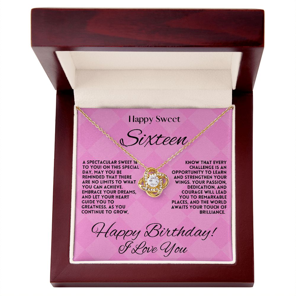 Sweet 16 Birthday Gift Jewelry Necklace For My Daughter - 16th Happy Bday Love Knot Pendant From Mom & Dad - Gift Ideas For A Sixteen Years Old Girl, Message Card And Gift Box - Zahlia