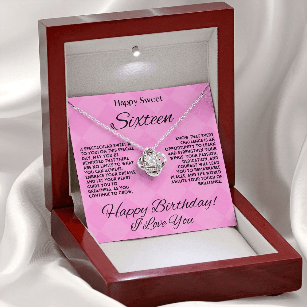 Sweet 16 Birthday Gift Jewelry Necklace For My Daughter - 16th Happy Bday Love Knot Pendant From Mom & Dad - Gift Ideas For A Sixteen Years Old Girl, Message Card And Gift Box - Zahlia