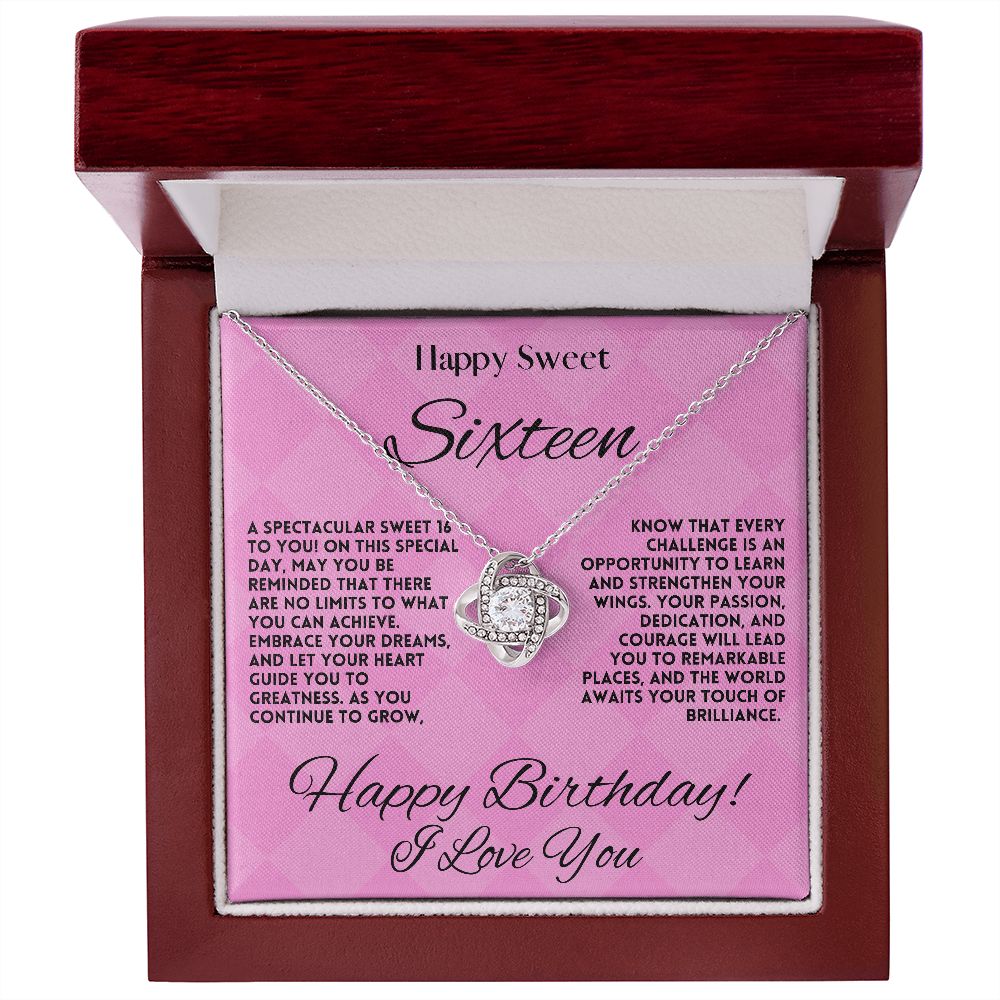 Sweet 16 Birthday Gift Jewelry Necklace For My Daughter - 16th Happy Bday Love Knot Pendant From Mom & Dad - Gift Ideas For A Sixteen Years Old Girl, Message Card And Gift Box - Zahlia