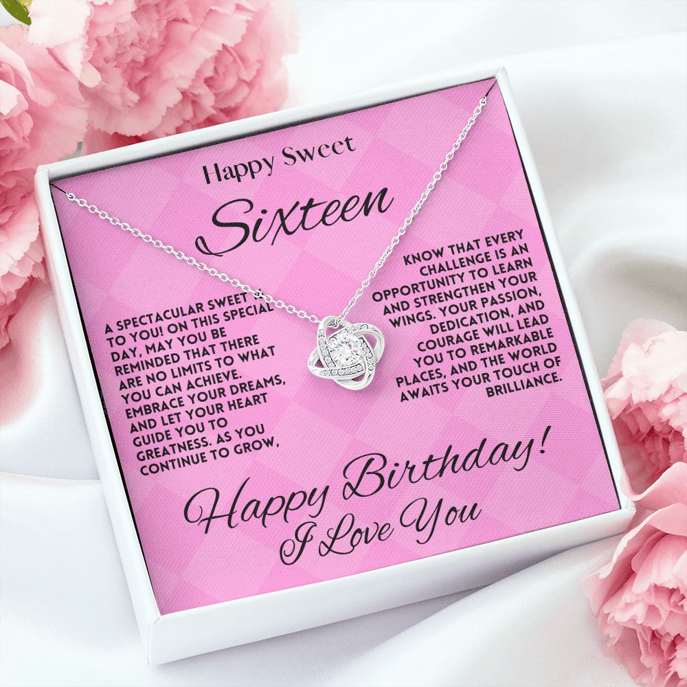 Sweet 16 Birthday Gift Jewelry Necklace For My Daughter - 16th Happy Bday Love Knot Pendant From Mom & Dad - Gift Ideas For A Sixteen Years Old Girl, Message Card And Gift Box - Zahlia