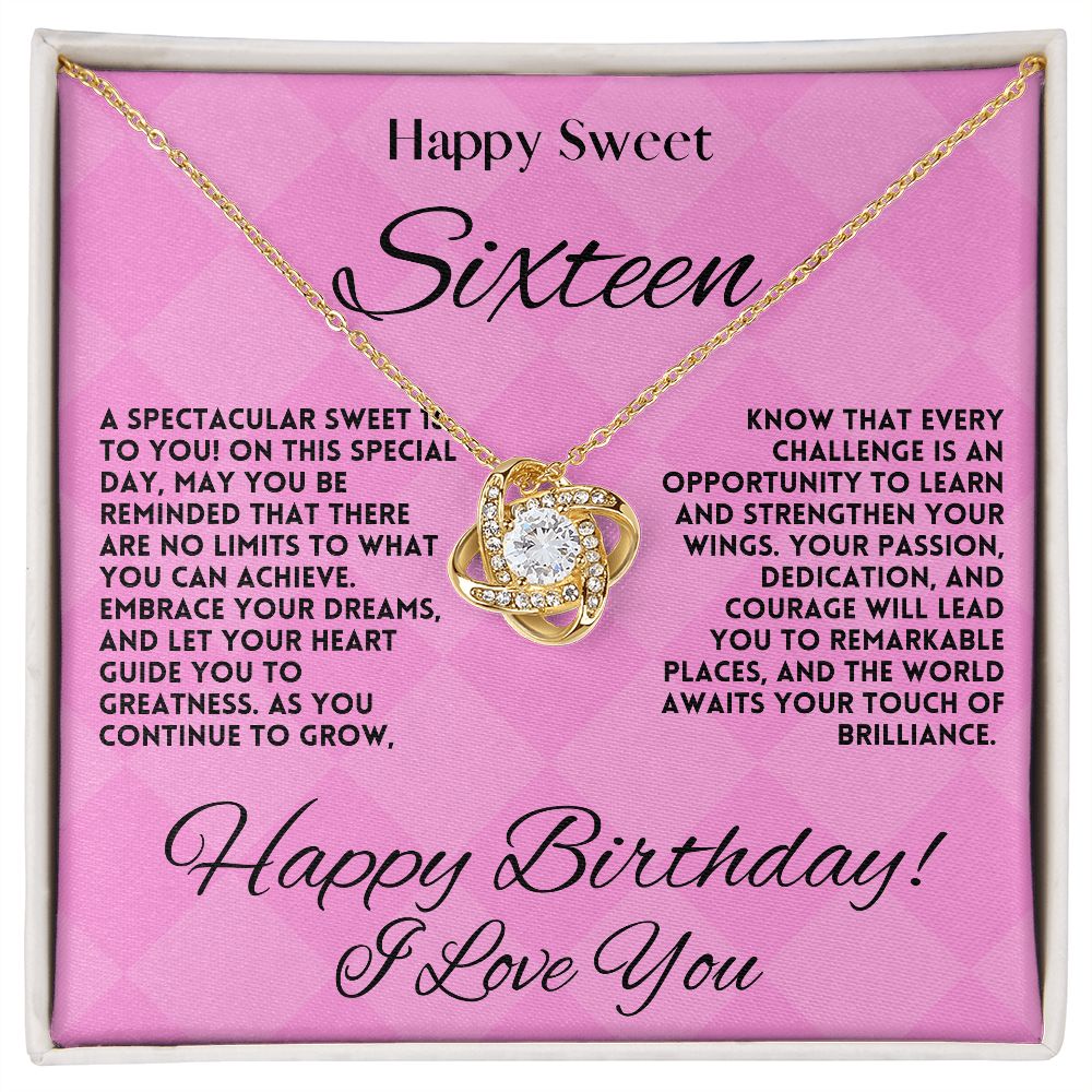 Sweet 16 Birthday Gift Jewelry Necklace For My Daughter - 16th Happy Bday Love Knot Pendant From Mom & Dad - Gift Ideas For A Sixteen Years Old Girl, Message Card And Gift Box - Zahlia